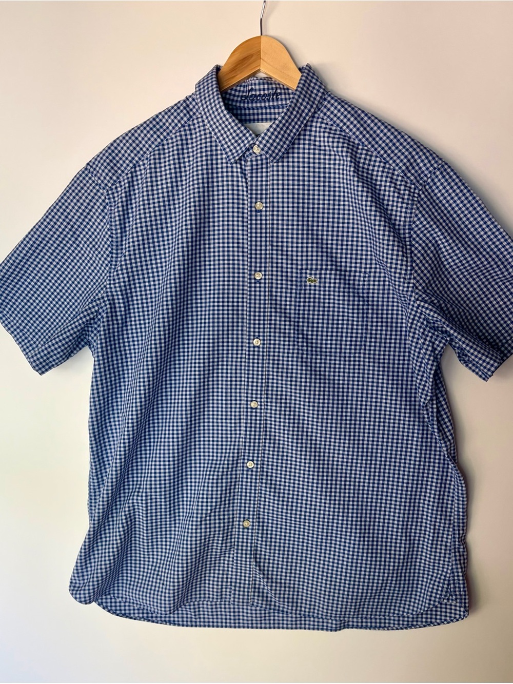 Lacoste Men’s Slim Fit Short Sleeve Gingham Button Down Shirt Blue White Size 44